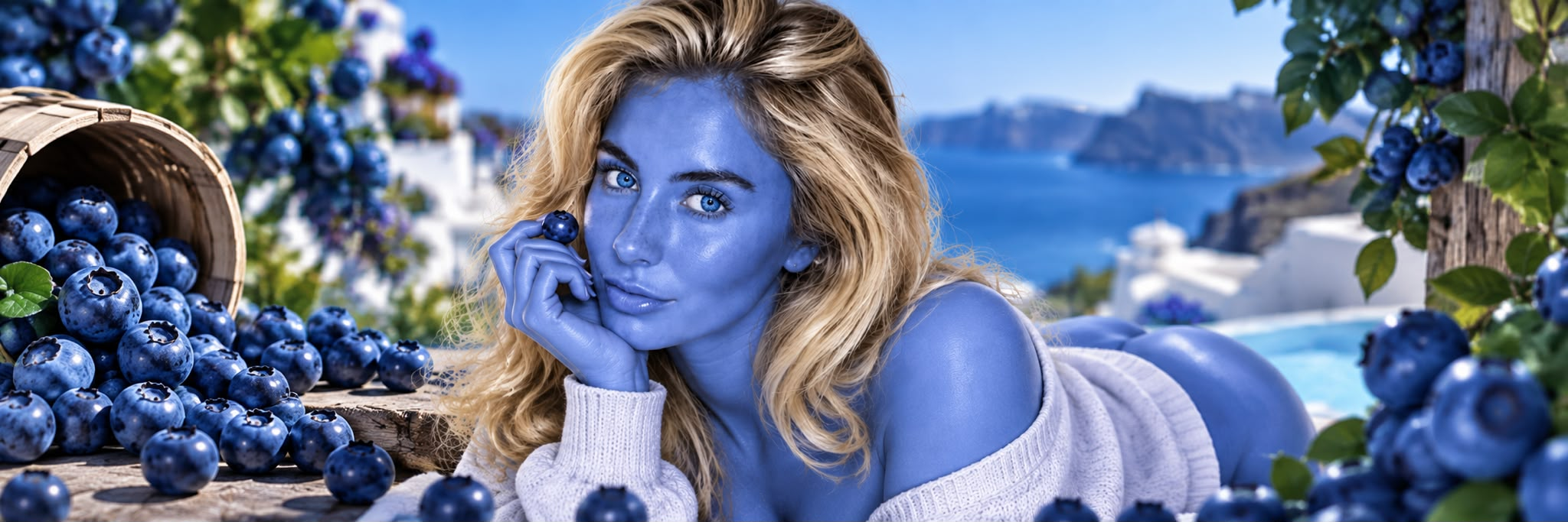Bonnie Blue surrounded by blueberries above a Mediterranean coast