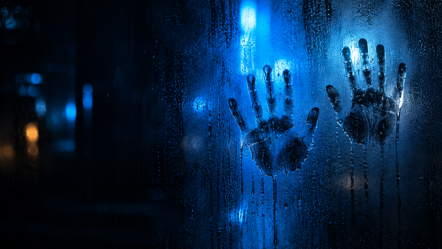 Handprints and condensation on a blue-lit fogged window